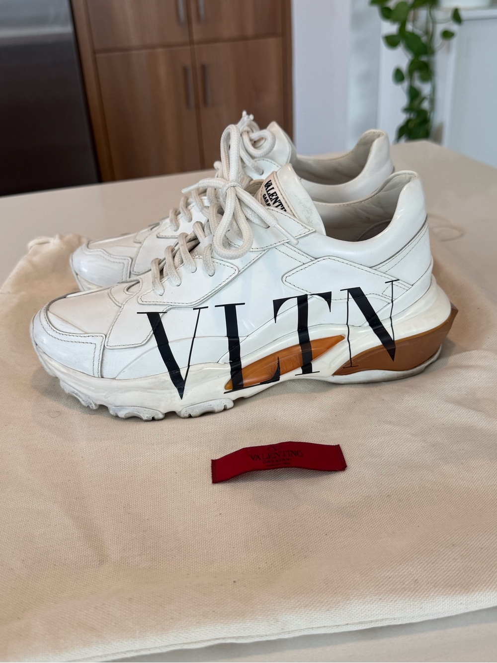 Valentino Garavani White Leather VLTN Sneakers with Tan Accent